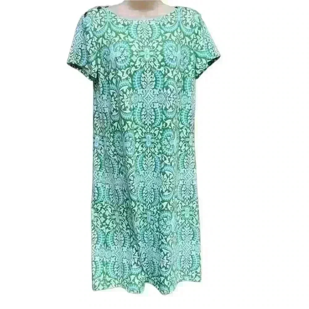 Talbots Green Blue Short Sleeve Button Detail dress Stretchy Comfy Size M (D16)